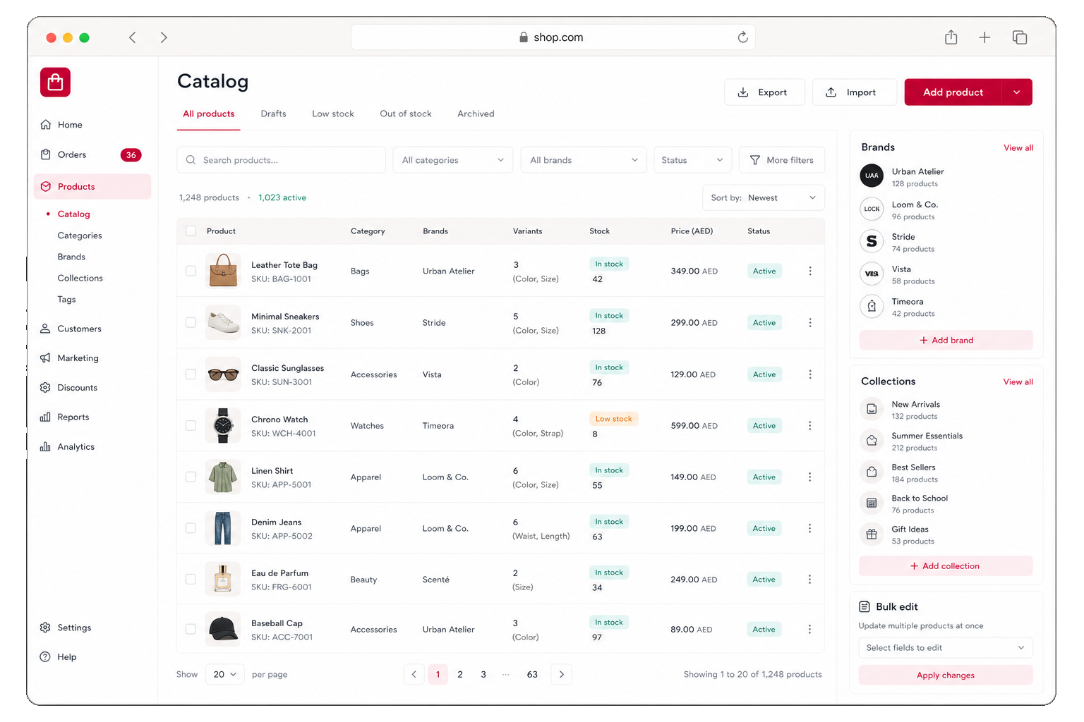 Shop admin brands dashboard with product counts