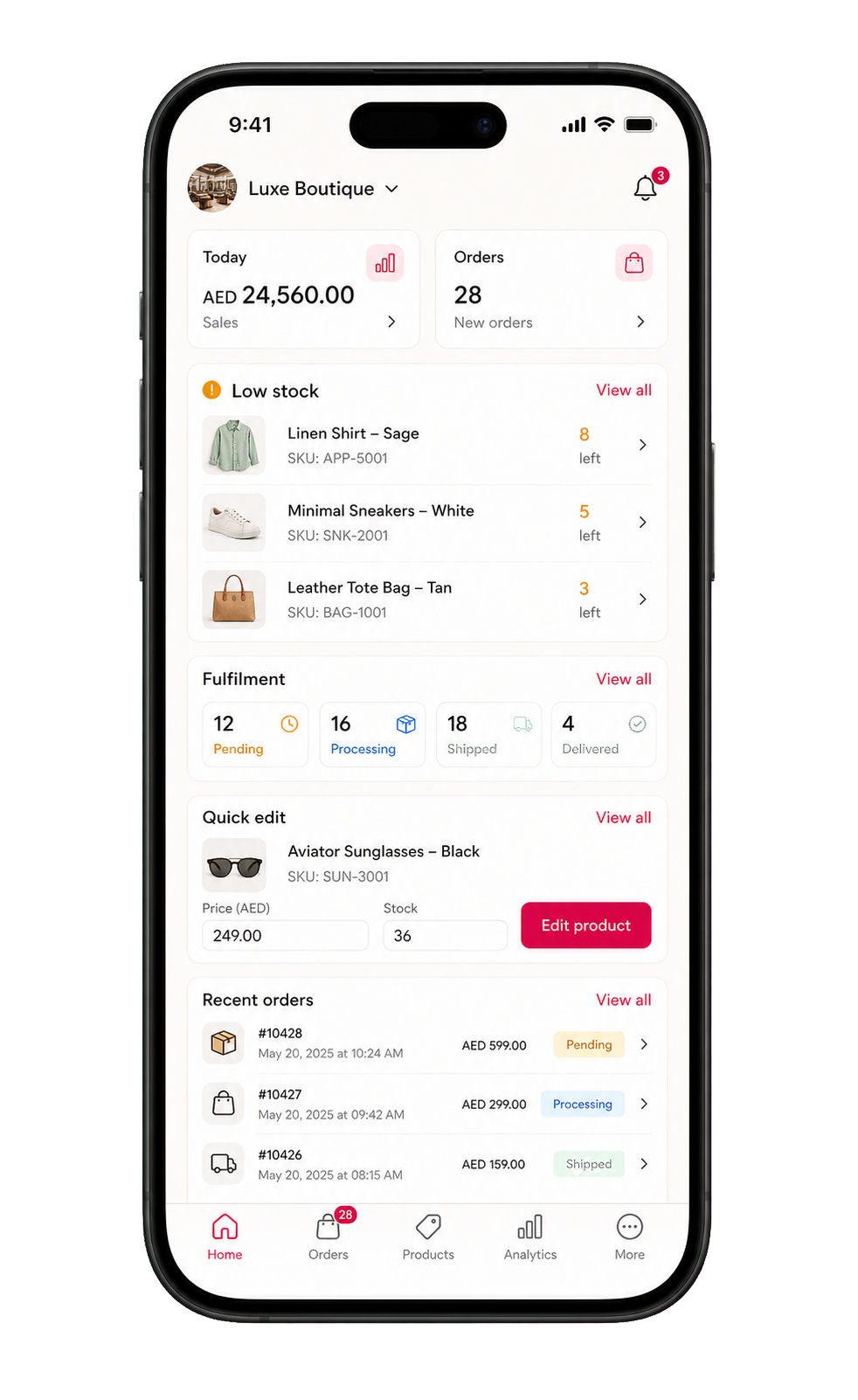 Native iOS admin app with revenue, stats, and live orders