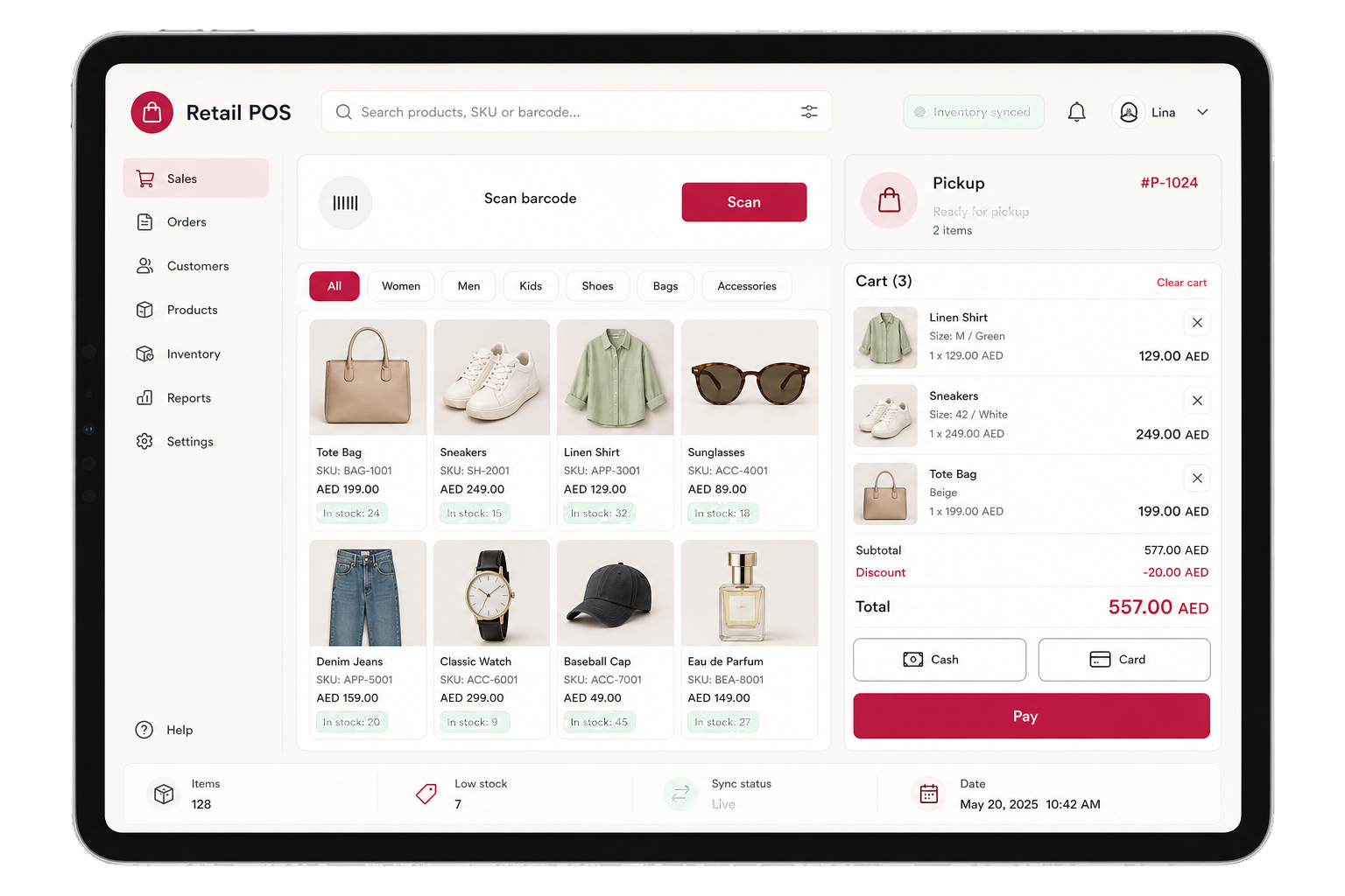 POS checkout with product grid, order panel, and payment methods