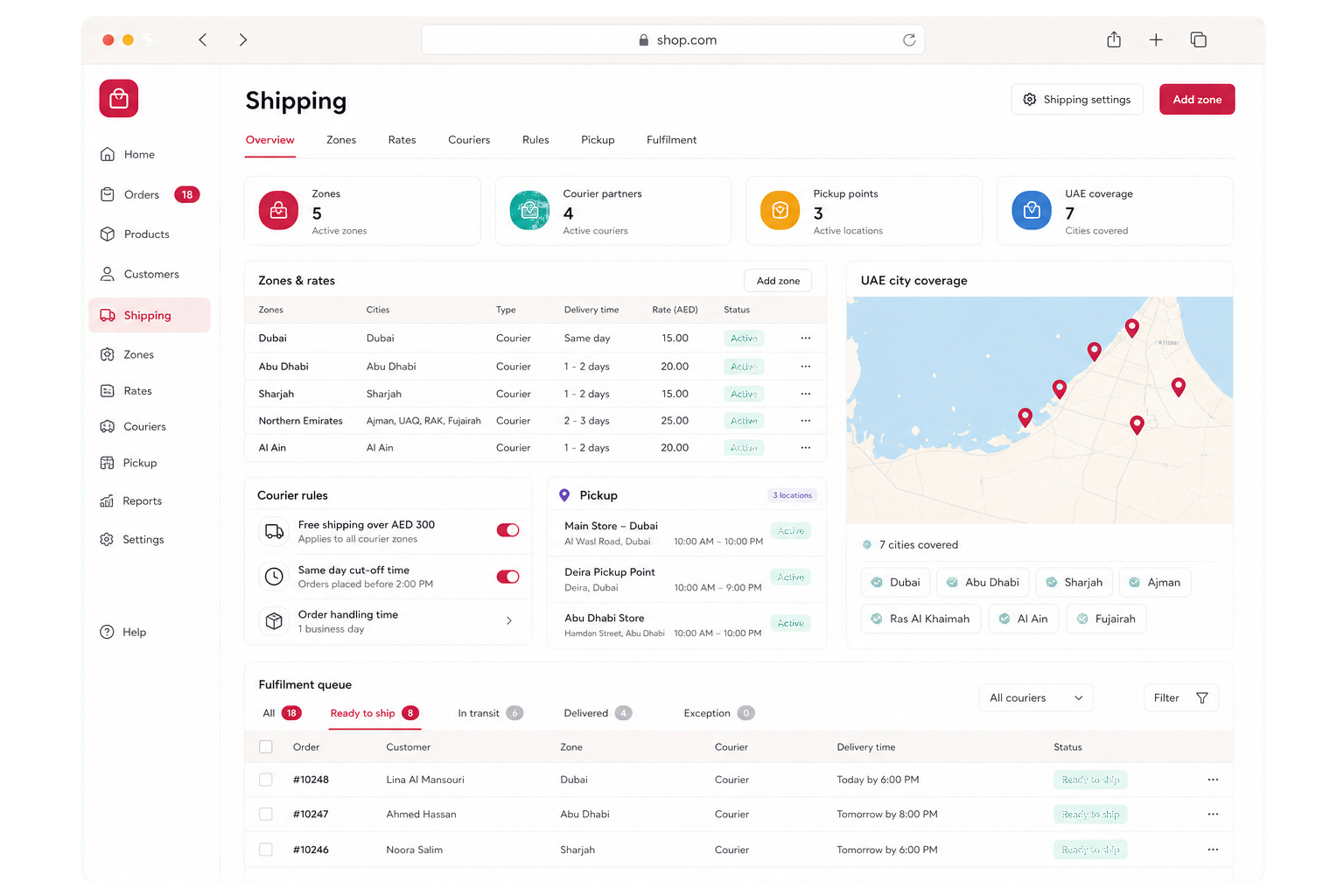 Shop admin UAE shipping zones dashboard