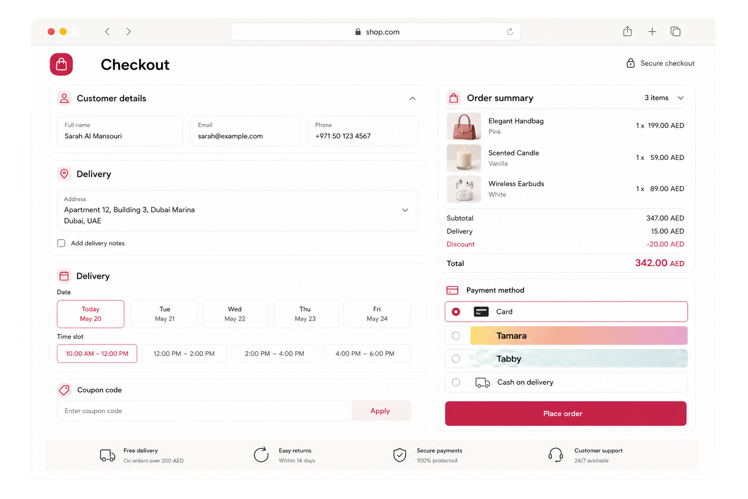 Shop checkout payment step with card, Tabby, Tamara, cash on delivery, and order summary