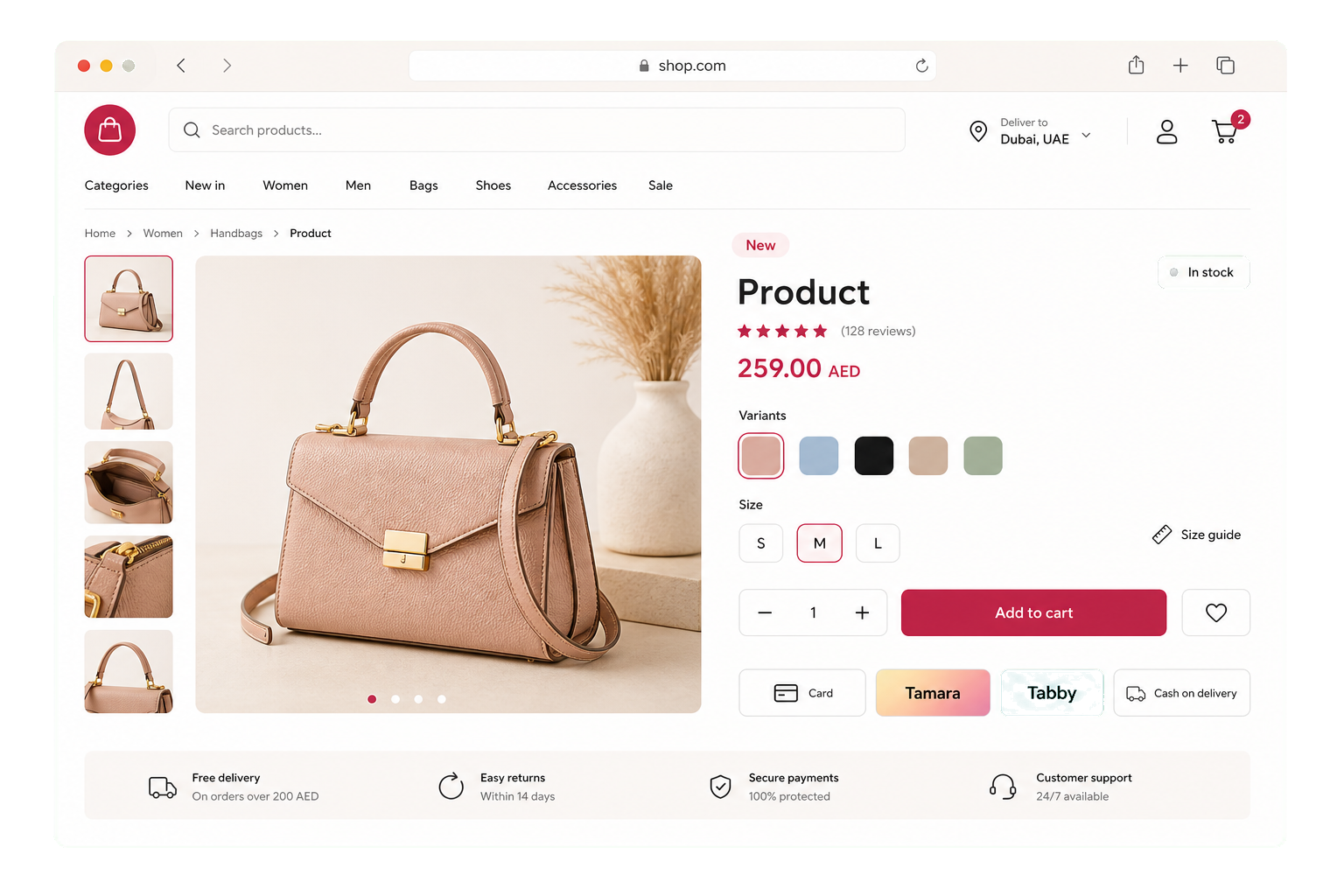 Product detail page with gallery, variants, price, and add to bag button