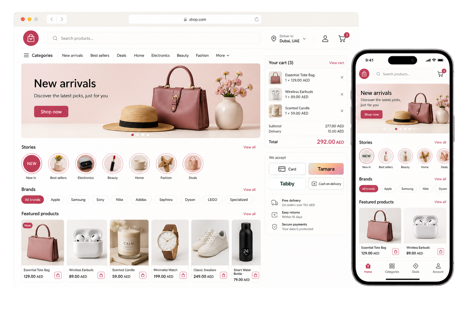 Online storefront home page with banner, stories, products, card, Tabby, Tamara, and cash on delivery payment chips