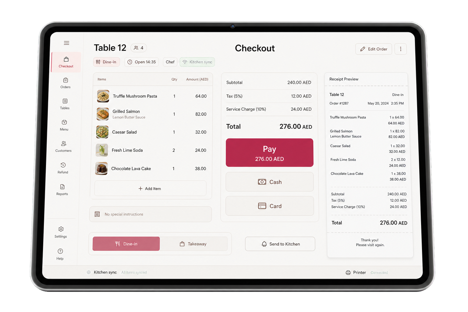 POS checkout with product grid, order panel, and payment methods