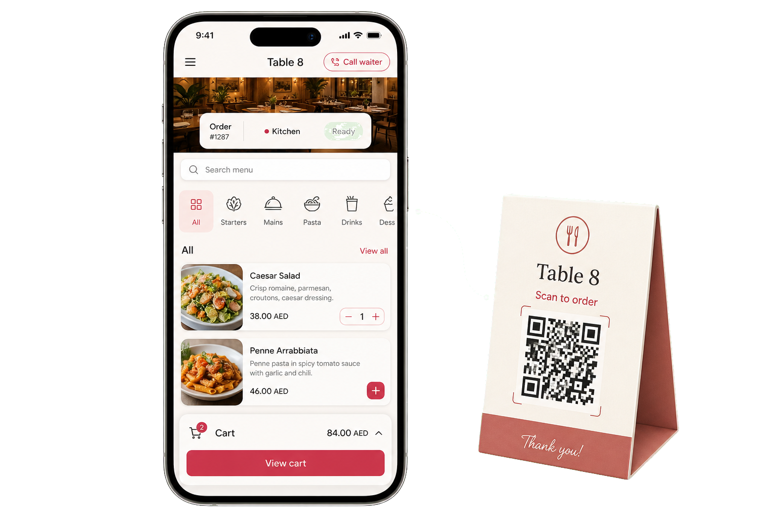 QR table ordering phone with menu items and cart