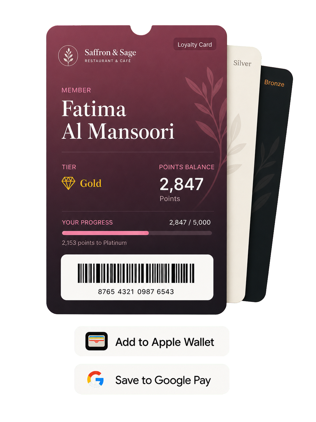 Restaurant loyalty wallet pass with points balance and wallet buttons